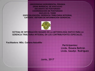 SISTEMA DE INFORMACIÓN BASADO EN LA METODOLOGÍA WATCH PARA LA
GERENCIA TRIBUTARIA INTEGRAL EN LOS CONTRIBUYENTES ESPECIALES.
Facilitadora: MSc. Carlena Astudillo
Participantes:
Licda. Rosana Beltrán
Licda. Gaudys Rodríguez
Junio, 2017
UNIVERSIDAD NORORIENTAL PRIVADA
GRAN MARISCAL DE AYACUCHO
DECANATO DE POSTGRADO
COORDINACION DE POSTGRADO
NUCLEO EL TIGRE
ESPECIALIZACIÓN: GERENCIA TRIBUTARIA INTEGRAL
CATEDRA: SISTEMA DE INFORMACIÓN GERENCIAL
 