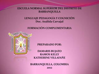 ESCUELA NORMAL SUPERIOR DEL DISTRITO DE
            BARRANQUILLA

    LENGUAJE PEDAGOGÍA Y COGNICIÓN
          Doc. Análida Carvajal

      FORMACIÓN COMPLEMENTARIA




            PREPARADO POR:

           DAMARIS BUJATO
            RAMOS KELLY
         KATHERINE VILLAFAÑE

       BARRANQUILLA, COLOMBIA
                2012
 