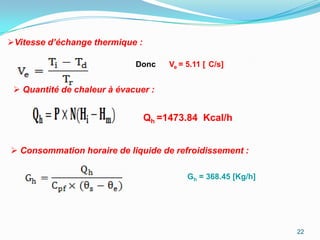 Vitesse d’échange thermique :

                             Donc     Ve = 5.11 [ C/s]


  Quantité de chaleur à évacuer :


                                 Qh =1473.84 Kcal/h


 Consommation horaire de liquide de refroidissement :

                                           Gh = 368.45 [Kg/h]




                                                                22
 