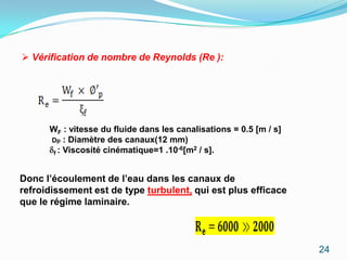  Vérification de nombre de Reynolds (Re ):




      WF : vitesse du fluide dans les canalisations = 0.5 [m / s]
      Dp : Diamètre des canaux(12 mm)
                                      -6 2
       f : Viscosité cinématique=1 .10 [m / s].



Donc l’écoulement de l’eau dans les canaux de
refroidissement est de type turbulent, qui est plus efficace
que le régime laminaire.



                                                                    24
 