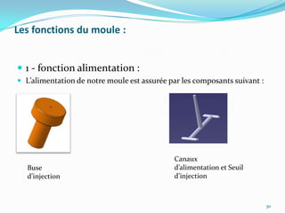Les fonctions du moule :


 1 - fonction alimentation :
 L’alimentation de notre moule est assurée par les composants suivant :




                                             Canaux
  Buse                                       d’alimentation et Seuil
  d’injection                                d’injection



                                                                           30
 