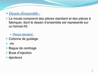  Dessin d’ensemble :
 Le moule comprend des pièces standard et des pièces à
  fabriquer, dont le dessin d’ensemble est représenté sur
  un format A0.

   Pièces standard :
 Colonne de guidage
 vis
 Bague de centrage
 Buse d’injection
 éjecteurs



                                                            33
 