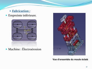  Fabrication :
 Empreinte inférieure.




 Machine : Électroérosion


                             Vue d’ensemble du moule éclaté


                                                         36
 