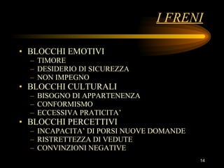 I FRENI BLOCCHI EMOTIVI TIMORE DESIDERIO DI SICUREZZA NON IMPEGNO BLOCCHI CULTURALI BISOGNO DI APPARTENENZA CONFORMISMO ECCESSIVA PRATICITA’ BLOCCHI PERCETTIVI INCAPACITA’ DI PORSI NUOVE DOMANDE RISTRETTEZZA DI VEDUTE CONVINZIONI NEGATIVE 