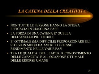 LA CATENA DELLA CREATIVITA’ NON TUTTE LE PERSONE HANNO LA STESSA EFFICACIA IN CIASCUNA FASE LA FORZA DI UNA CATENA E’ QUELLA DELL’ANELLO PIU’ DEBOLE E’ OTTIMALE (MA DIFFICILE) PROPORZIONARE GLI SFORZI IN MODO DA AVERE LO STESSO RENDIMENTO NELLE VARIE FASI TRA LE QUALITA’ DEL LEADER: RICONOSCIMENTO DELLE CAPACITA’ E ALLOCAZIONE OTTIMALE DELLE RISORSE UMANE 