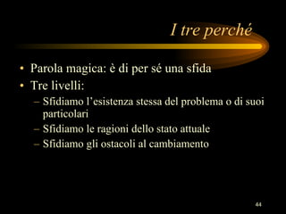 I tre perché Parola magica: è di per sé una sfida Tre livelli: Sfidiamo l’esistenza stessa del problema o di suoi particolari Sfidiamo le ragioni dello stato attuale Sfidiamo gli ostacoli al cambiamento 