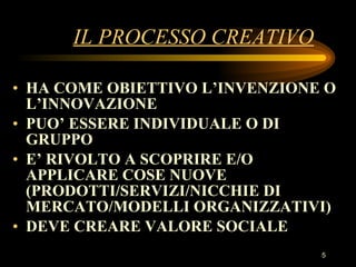 IL PROCESSO CREATIVO HA COME OBIETTIVO L’INVENZIONE O L’INNOVAZIONE PUO’ ESSERE INDIVIDUALE O DI GRUPPO E’ RIVOLTO A SCOPRIRE E/O APPLICARE COSE NUOVE (PRODOTTI/SERVIZI/NICCHIE DI MERCATO/MODELLI ORGANIZZATIVI) DEVE CREARE VALORE SOCIALE 