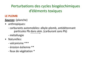 Perturbations des cycles biogéochimiques
d’éléments toxiques
LE PLOMB
Sources: (planche)
• anthropiques:
- carburants automobiles: alkyle-plomb, antidétonnant
particules Pb dans atm. (carburant sans Pb)
- métallurgie
• Naturelles:
- volcanisme ***
- érosion éolienne **
- feux de végétation *

 