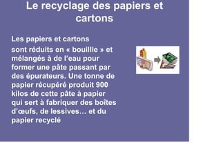 Le recyclage des papiers et
              cartons
Les papiers et cartons
sont réduits en « bouillie » et
mélangés à de l’eau pour
former une pâte passant par
des épurateurs. Une tonne de
papier récupéré produit 900
kilos de cette pâte à papier
qui sert à fabriquer des boîtes
d’œufs, de lessives… et du
papier recyclé
 