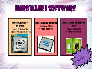 Intel Core i7-       Intel Sandy Bridge   AMD AM3 Sempron
        2600K               ● Millora GPU            145
    ● Més memòria            ● Nou socket        ● Més diversió

● Rics continguts d'HD                          ● Més rapidesa




                                                                        s
                                                                     or
                                                                   ad
                                                                ss
                                                            o ce
                                                       Pr
 