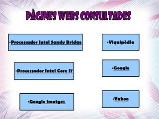 ●   Processador Intel Sandy Bridge   ●   Viquipèdia




                                          ●   Google
     ●   Processador Intel Core i7




                                          ●   Yahoo
             ●   Google imatges
 