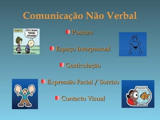 Comunicação Não Verbal
PosturaPostura
Espaço InterpessoalEspaço Interpessoal
GesticulaçãoGesticulação
Expressão Facial / SorrisoExpressão Facial / Sorriso
Contacto VisualContacto Visual
 