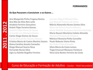 FORMANDOS

              Os Que Passaram e Concluíram e os Outros …

              Ana Margarida Pinho Fragoso Bastos        Leandro Miguel Oliveira Silva
              Ana Rita da Silva Reis Leite              Luís Manuel Antunes da Costa
2011 . 2012


              Anabela Ferreira Gonçalves                Márcia Alexandra Nunes Santos Silva
              André Filipe Ferreira Damas               Maria de Fátima Pereira Martins
              Andreia Filipa Vieira de Sousa            Maria Matilde Gonçalves Ferreira Machado
              Armando Luís Marques Soares               Maria Nazaré Monteiro Calixto Almeida
              Carlos Diogo Damas de Sousa               Mariana Marques da Fonseca
              Carlos Manuel da Fonseca Tavares          Mónica Filomena Pinho Carvalho
              Cristina Maria de Castro Martins Soares   Paulo Roberto Vieira Pinto
              Diana Carolina Acosta Camacho             Rui Pedro Filipe Azevedo
              Diogo Manuel Soares Rosa                  Sílvia Maria da Costa Lemos
              Fernando Nunes Silva                      Tiago Emanuel Marques Fontoura
              Lígia La-Salette Bugalho Ferreira         Vera Lúcia Bastos Ferreira da Costa




                Curso de Educação e Formação de Adultos – Escolar – Nível Secundário
 