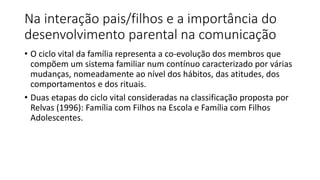 Na interação pais/filhos e a importância do
desenvolvimento parental na comunicação
• O ciclo vital da família representa a co-evolução dos membros que
compõem um sistema familiar num contínuo caracterizado por várias
mudanças, nomeadamente ao nível dos hábitos, das atitudes, dos
comportamentos e dos rituais.
• Duas etapas do ciclo vital consideradas na classificação proposta por
Relvas (1996): Família com Filhos na Escola e Família com Filhos
Adolescentes.
 