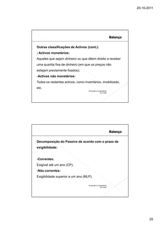 20-10-2011




Outras classificações de Activos (cont.):
- Activos monetários:
Aqueles que sejam dinheiro ou que dêem direito a receber
uma quantia fixa de dinheiro (em que os preços não
estejam previamente fixados);
-Activos não monetários:
Todos os restantes activos, como inventários, imobilizado,
etc.
                                    Introdução à Contabilidade
                                                    Rui Costa




Decomposição do Passivo de acordo com o prazo de
exigibilidade:


-Correntes:
Exigível até um ano (CP).
-Não correntes:
Exigibilidade superior a um ano (MLP).

                                    Introdução à Contabilidade
                                                    Rui Costa




                                                                        25
 