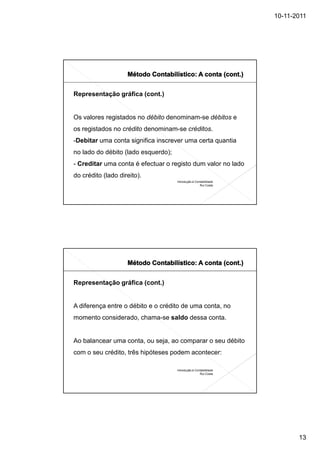 10-11-2011




Representação gráfica (cont.)


Os valores registados no débito denominam-se débitos e
os registados no crédito denominam-se créditos.
-Debitar uma conta significa inscrever uma certa quantia
no lado do débito (lado esquerdo);
- Creditar uma conta é efectuar o registo dum valor no lado
do crédito (lado direito).
                                     Introdução à Contabilidade
                                                     Rui Costa




Representação gráfica (cont.)


A diferença entre o débito e o crédito de uma conta, no
momento considerado, chama-se saldo dessa conta.


Ao balancear uma conta, ou seja, ao comparar o seu débito
com o seu crédito, três hipóteses podem acontecer:

                                     Introdução à Contabilidade
                                                     Rui Costa




                                                                         13
 