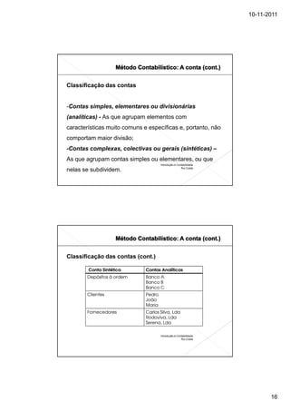 10-11-2011




Classificação das contas


-Contas simples, elementares ou divisionárias
(analíticas) - As que agrupam elementos com
características muito comuns e específicas e, portanto, não
comportam maior divisão;
-Contas complexas, colectivas ou gerais (sintéticas) –
As que agrupam contas simples ou elementares, ou que
                                      Introdução à Contabilidade
                                                      Rui Costa
nelas se subdividem.




Classificação das contas (cont.)

        Conta Sintética       Contas Analíticas
       Depósitos à ordem      Banco A
                              Banco B
                              Banco C
       Clientes               Pedro
                              João
                              Maria
       Fornecedores           Carlos Silva, Lda
                              Rodoviva, Lda
                              Serena, Lda

                                      Introdução à Contabilidade
                                                      Rui Costa




                                                                          16
 