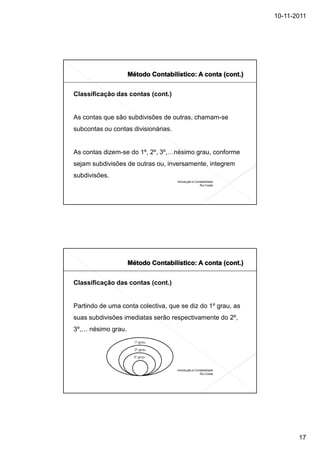 10-11-2011




Classificação das contas (cont.)


As contas que são subdivisões de outras, chamam-se
subcontas ou contas divisionárias.


As contas dizem-se do 1º, 2º, 3º,…nésimo grau, conforme
sejam subdivisões de outras ou, inversamente, integrem
subdivisões.
                                     Introdução à Contabilidade
                                                     Rui Costa




Classificação das contas (cont.)


Partindo de uma conta colectiva, que se diz do 1º grau, as
suas subdivisões imediatas serão respectivamente do 2º,
3º,… nésimo grau.
                     1º grau

                     2º grau

                    3º grau



                                     Introdução à Contabilidade
                                                     Rui Costa




                                                                         17
 
