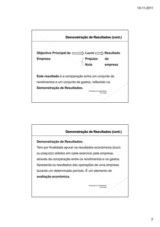10-11-2011




Objectivo Principal da           Lucro                    Resultado
Empresa                          Prejuízo                 da
                                 Nulo                     empresa


Este resultado é a comparação entre um conjunto de
rendimentos e um conjunto de gastos, reflectido na
Demonstração de Resultados.
                                   Introdução à Contabilidade
                                                   Rui Costa




Demonstração de Resultados:
Tem por finalidade apurar os resultados económicos (lucro
ou prejuízo) obtidos em cada exercício pela empresa,
através da comparação entre os rendimentos e os gastos.
Apresenta os resultados das operações de uma empresa
durante um determinado período. É um elemento de
avaliação económica.

                                   Introdução à Contabilidade
                                                   Rui Costa




                                                                              2
 