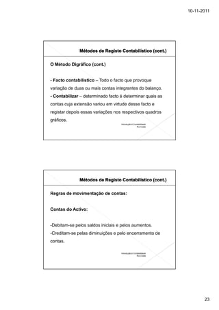 10-11-2011




O Método Digráfico (cont.)


- Facto contabilístico – Todo o facto que provoque
variação de duas ou mais contas integrantes do balanço.
- Contabilizar – determinado facto é determinar quais as
contas cuja extensão variou em virtude desse facto e
registar depois essas variações nos respectivos quadros
gráficos.
                                   Introdução à Contabilidade
                                                   Rui Costa




Regras de movimentação de contas:


Contas do Activo:


-Debitam-se pelos saldos iniciais e pelos aumentos.
-Creditam-se pelas diminuições e pelo encerramento de
contas.

                                   Introdução à Contabilidade
                                                   Rui Costa




                                                                       23
 