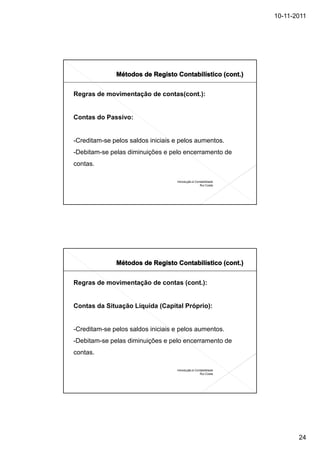10-11-2011




Regras de movimentação de contas(cont.):


Contas do Passivo:


-Creditam-se pelos saldos iniciais e pelos aumentos.
-Debitam-se pelas diminuições e pelo encerramento de
contas.

                                   Introdução à Contabilidade
                                                   Rui Costa




Regras de movimentação de contas (cont.):


Contas da Situação Líquida (Capital Próprio):


-Creditam-se pelos saldos iniciais e pelos aumentos.
-Debitam-se pelas diminuições e pelo encerramento de
contas.

                                   Introdução à Contabilidade
                                                   Rui Costa




                                                                       24
 