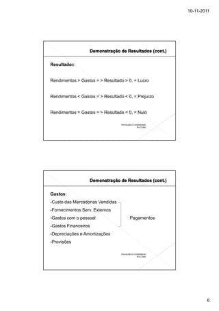 10-11-2011




Resultados:


Rendimentos > Gastos = > Resultado > 0, = Lucro


Rendimentos < Gastos = > Resultado < 0, = Prejuízo


Rendimentos = Gastos = > Resultado = 0, = Nulo

                                  Introdução à Contabilidade
                                                  Rui Costa




Gastos:
-Custo das Mercadorias Vendidas
-Fornecimentos Serv. Externos
-Gastos com o pessoal                     Pagamentos
-Gastos Financeiros
-Depreciações e Amortizações
-Provisões

                                  Introdução à Contabilidade
                                                  Rui Costa




                                                                       6
 