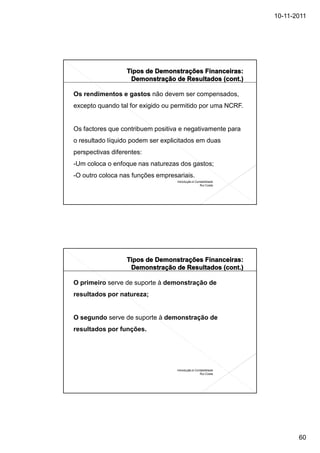 10-11-2011




Os rendimentos e gastos não devem ser compensados,
excepto quando tal for exigido ou permitido por uma NCRF.


Os factores que contribuem positiva e negativamente para
o resultado líquido podem ser explicitados em duas
perspectivas diferentes:
-Um coloca o enfoque nas naturezas dos gastos;
-O outro coloca nas funções empresariais.
                                   Introdução à Contabilidade
                                                   Rui Costa




O primeiro serve de suporte à demonstração de
resultados por natureza;


O segundo serve de suporte à demonstração de
resultados por funções.




                                   Introdução à Contabilidade
                                                   Rui Costa




                                                                       60
 