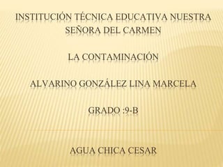 INSTITUCIÓN TÉCNICA EDUCATIVA NUESTRA
SEÑORA DEL CARMEN
LA CONTAMINACIÓN
ALVARINO GONZÁLEZ LINA MARCELA
GRADO :9-B
AGUA CHICA CESAR
 