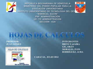 PROFESOR: INTEGRANTES
JUAN GÓMEZ BRITO YAJAIRA
GIL, ORÁN
MORALES, IVON
RODRÍGUEZ, AURA
CARACAS, JULIO 2014
 