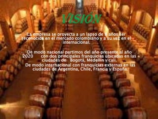 La empresa se proyecta a un lapso de 8 años ser
    reconocida en el mercado colombiano y a su vez en el
                       internacional.

     De modo nacional partimos del año presente al año
    2020    con dos principales franquicias ubicadas en las
            ciudades de Bogotá, Medellín y cali.
    De modo internacional con franquicias externas en las
        ciudades de Argentina, Chile, Francia y España.
 