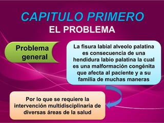 EL PROBLEMA
Problema
general
La fisura labial alveolo palatina
es consecuencia de una
hendidura labio palatina la cual
es una malformación congénita
que afecta al paciente y a su
familia de muchas maneras
Por lo que se requiere la
intervención multidisciplinaria de
diversas áreas de la salud
 
