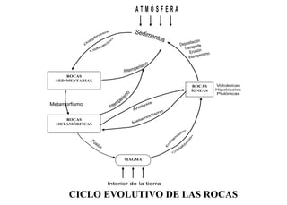 ROCAS
ÍGNEAS
MAGMA
ROCAS
METAMÓRFICAS
ROCAS
SEDIMENTARIAS
CICLO EVOLUTIVO DE LAS ROCAS
 