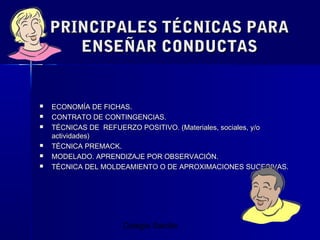 Colegio Salzillo
PRINCIPALES TÉCNICAS PARA
PRINCIPALES TÉCNICAS PARA
ENSEÑAR CONDUCTAS
ENSEÑAR CONDUCTAS
 ECONOMÍA DE FICHAS.
ECONOMÍA DE FICHAS.
 CONTRATO DE CONTINGENCIAS.
CONTRATO DE CONTINGENCIAS.
 TÉCNICAS DE REFUERZO POSITIVO. (Materiales, sociales, y/o
TÉCNICAS DE REFUERZO POSITIVO. (Materiales, sociales, y/o
actividades)
actividades)
 TÉCNICA PREMACK.
TÉCNICA PREMACK.
 MODELADO. APRENDIZAJE POR OBSERVACIÓN.
MODELADO. APRENDIZAJE POR OBSERVACIÓN.
 TÉCNICA DEL MOLDEAMIENTO O DE APROXIMACIONES SUCESIVAS.
TÉCNICA DEL MOLDEAMIENTO O DE APROXIMACIONES SUCESIVAS.
 