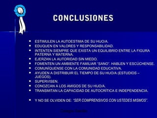 Colegio Salzillo
CONCLUSIONES
CONCLUSIONES
 ESTIMULEN LA AUTOESTIMA DE SU HIJO/A.
ESTIMULEN LA AUTOESTIMA DE SU HIJO/A.
 EDUQUEN EN VALORES Y RESPONSABILIDAD.
EDUQUEN EN VALORES Y RESPONSABILIDAD.
 INTENTEN SIEMPRE QUE EXISTA UN EQUILIBRIO ENTRE LA FIGURA
INTENTEN SIEMPRE QUE EXISTA UN EQUILIBRIO ENTRE LA FIGURA
PATERNA Y MATERNA.
PATERNA Y MATERNA.
 EJERZAN LA AUTORIDAD SIN MIEDO.
EJERZAN LA AUTORIDAD SIN MIEDO.
 FOMENTEN UN AMBIENTE FAMILIAR “SANO”. HABLEN Y ESCÚCHENSE.
FOMENTEN UN AMBIENTE FAMILIAR “SANO”. HABLEN Y ESCÚCHENSE.
 COMUNÍQUENSE CON LA COMUNIDAD EDUCATIVA.
COMUNÍQUENSE CON LA COMUNIDAD EDUCATIVA.
 AYUDEN A DISTRIBUIR EL TIEMPO DE SU HIJO/A (ESTUDIOS –
AYUDEN A DISTRIBUIR EL TIEMPO DE SU HIJO/A (ESTUDIOS –
JUEGOS).
JUEGOS).
 SUPERVISEN.
SUPERVISEN.
 CONOZCAN A LOS AMIGOS DE SU HIJO/A.
CONOZCAN A LOS AMIGOS DE SU HIJO/A.
 TRANSMITAN LA CAPACIDAD DE AUTOCRÍTICA E INDEPENDENCIA.
TRANSMITAN LA CAPACIDAD DE AUTOCRÍTICA E INDEPENDENCIA.
 Y NO SE OLVIDEN DE:
Y NO SE OLVIDEN DE: “SER COMPRENSIVOS CON USTEDES MISMOS”.
“SER COMPRENSIVOS CON USTEDES MISMOS”.
 