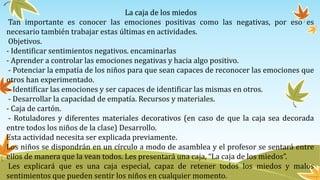 La caja de los miedos
Tan importante es conocer las emociones positivas como las negativas, por eso es
necesario también trabajar estas últimas en actividades.
Objetivos.
- Identificar sentimientos negativos. encaminarlas
- Aprender a controlar las emociones negativas y hacia algo positivo.
- Potenciar la empatía de los niños para que sean capaces de reconocer las emociones que
otros han experimentado.
- Identificar las emociones y ser capaces de identificar las mismas en otros.
- Desarrollar la capacidad de empatía. Recursos y materiales.
- Caja de cartón.
- Rotuladores y diferentes materiales decorativos (en caso de que la caja sea decorada
entre todos los niños de la clase) Desarrollo.
Esta actividad necesita ser explicada previamente.
Los niños se dispondrán en un círculo a modo de asamblea y el profesor se sentará entre
ellos de manera que la vean todos. Les presentará una caja, “La caja de los miedos”.
Les explicará que es una caja especial, capaz de retener todos los miedos y malos
sentimientos que pueden sentir los niños en cualquier momento.
 