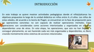 INTRODUCCIÓN
En este trabajo se quiere mostrar actividades pedagógicas donde el niño(a)alcanza los
objetivos propuestos lo largo de la unidad didáctica en niños entre 4 y 6 años. Los niños de
estas edades, dé acuerdo a la teoría de Piaget, se encuentran en la fase de preparación para
las operaciones concretas: no son capaces de realizar operaciones mentales. Estas
operaciones son consideradas como acciones interiorizadas y organizadas en sistemas
dependientes unas de otras. En esta etapa, las operaciones, que aún no han llegado a
conseguir plenamente, se van haciendo cada vez más organizadas y dependientes, es decir,
creando mentalmente estos sistemas de acciones relacionadas.
 