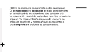 ¿Cómo se obtiene la comprensión de los conceptos?
La comprensión de conceptos se basa principalmente
en la habilidad de los aprendices para construir una
representación mental de los hechos descritos en un texto
impreso. Tal representación requiere de una serie de
procesos cognitivos y metacognitivos conducentes a
una comprensión profunda de conocimientos.
 