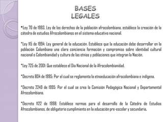 *Ley 70 de 1993. Ley de los derechos de la población afrocolombiana, establece la creación de la
cátedra de estudios Afrocolombianos en el sistema educativo nacional.

*Ley 115 de 1994: Ley general de la educación. Establece que la educación debe desarrollar en la
población Colombiana una clara conciencia formación y compromiso sobre identidad cultural
nacional o Colombianidad y cultura de las etnias y poblaciones que integran la Nación.

*Ley 725 de 2001: Que establece el Día Nacional de la Afrocolombianidad.

*Decreto 804 de 1995: Por el cual se reglamenta la etnoeducación afrocolombiana e indígena.

*Decreto 2249 de 1995: Por el cual se crea la Comisión Pedagógica Nacional y Departamental
Afrocolombiana.

*Decreto 1122 de 1998: Establece normas para el desarrollo de la Cátedra de Estudios
Afrocolombianos, de obligatorio cumplimiento en la educación pre-escolar y secundaria.
 