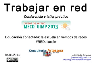 Trabajar en red
Julen Iturbe-Ormaetxe
juleniturbe@gmail.com
http://blog.consultorartesano.com
05/09/2013
Educación conectada: la escuela en tiempos de redes
#REDucación
Conferencia y taller práctico
 