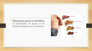 • Hepatopatía grasa no alcohólica:
la acumulación de grasas en las
células del hígado crea una fibrosis.
 