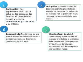 Continuidad: Es el
seguimiento al estado de
salud de las personas; las
familias, el control de los
riesgos y factores
determinantes para la salud
y su entorno
Participativo: se basa en la toma de
decisiones sobre las prioridades de
intervención, la asignación y el uso de
los recursos, y en la generación de una
cultura de corresponsabilidad y auto
cuidado.
Desconcentrado: Transferencia de una
entidad administrativa del nivel nacional
a otra jerárquicamente dependiente
(nivel zonal, distrital, local)
Eficiente, eficaz y de calidad:
Optimización y uso racional de los
recursos, orientados a la satisfacción
de las necesidades de las personas,
principalmente de los grupos
poblacionales más desprotegidos o
en situación de riesgo.
6
4
7
5
 