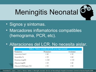 Meningitis Neonatal
• Signos y síntomas.
• Marcadores inflamatorios compatibles
(hemograma, PCR, etc).
• Alteraciones del LCR. No necesita aislar.
Fernández B., López J., Coto G., Ramos Ibáñez A..Meningitis neonatal. Servicio de Neonatología Hospital Universitario Central de Asturias España 2008
 