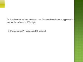 Les besoins en ions minéraux, en facteurs de croissance, apporter la source de carbone et d’énergie. Présenter un PH voisin du PH optimal. LES EXIGENCES  NUTRITIVES 