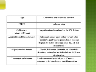 CARACTERES  CULTURAUX Type Caractères culturaux des colonies FMAT polymorphes Coliformes  (totaux et fécaux) rouges foncées d’un diamètre de 0,5à 1,5mm Anaérobies sulfito-réducteurs Nettement noires leurs tailles varient selon l’espèce C. perfringens produits des colonies de grandes tailles en houpe noire de 3à 5 mm de diamètre Staphylococcus aureus Noires, brillantes, convexes, de 1,5mm de diamètre, entourés d’un halo clair de 2 à 5 mm de diamètre Levures et moisissures Les levures sont blanchâtres et d’aspect crémeux et les moisissures sont filamenteux 