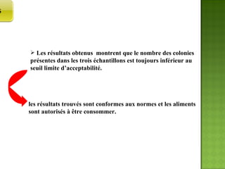 Les résultats obtenus  montrent que le nombre des colonies présentes dans les trois échantillons est toujours inférieur au seuil limite d’acceptabilité. les résultats trouvés sont conformes aux normes et les aliments sont autorisés à être consommer. CONCLUSION  DES  RESULTATS 
