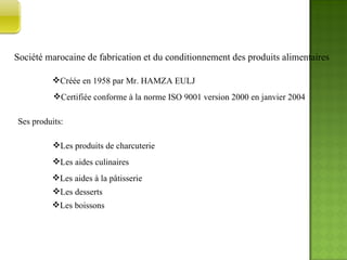 Société marocaine de fabrication et du conditionnement des produits alimentaires Créée en 1958 par Mr. HAMZA EULJ Certifiée conforme à la norme ISO 9001 version 2000 en janvier 2004 Ses produits: Les produits de charcuterie Les aides culinaires Les aides à la pâtisserie Les desserts Les boissons PRESENTATION DE SOMAFACO  