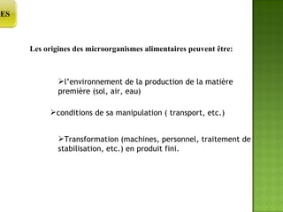 Les origines des microorganismes alimentaires peuvent être: l’environnement de la production de la matière première (sol, air, eau) conditions de sa manipulation ( transport, etc.) Transformation (machines, personnel, traitement de stabilisation, etc.) en produit fini. RECHERCHES  BIBLIOGRAPHIQUES 