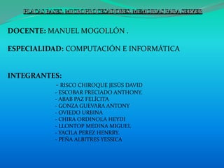 PLACAS BASES, MICROPROCESADORES, MEMORIAS PARA SERVER DOCENTE: MANUEL MOGOLLÓN . ESPECIALIDAD: COMPUTACIÓN E INFORMÁTICA INTEGRANTES:                             - RISCO CHIROQUE JESÚS DAVID          - ESCOBAR PRECIADO ANTHONY.                                   - ABAB PAZ FELÍCITA                                   - GONZA GUEVARA ANTONY                                   - OVIEDO URBINA                                   - CHIRA ORDINOLA HEYDI                                   - LLONTOP MEDINA MIGUEL                                   - YACILA PEREZ HENRRY.                                   - PEÑA ALBITRES YESSICA 