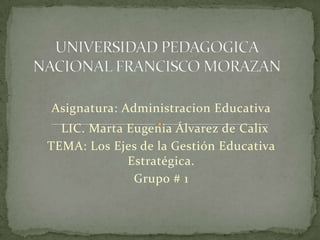 Asignatura: Administracion Educativa
  LIC. Marta Eugenia Álvarez de Calix
TEMA: Los Ejes de la Gestión Educativa
             Estratégica.
              Grupo # 1
 