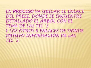 EN PROCESO VA UBICAR EL ENLACE
DEL PREZI, DONDE SE ENCUENTRE
DETALLADO EL ÁRBOL CON EL
TEMA DE LAS TIC`S
Y LOS OTROS 8 ENLACES DE DONDE
OBTUVO INFORMACIÓN DE LAS
TIC´S.

 